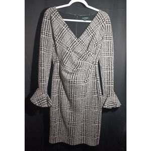 Lauren Ralph Lauren Sz 4 Black White Gingham Tweed Faux Wrap Dress Knee Length